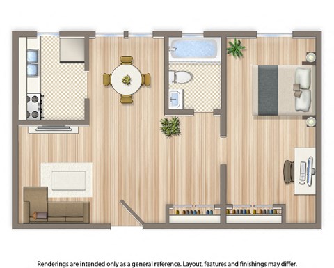 Floor plan for 1 bed, 1 bath, 525 sqft